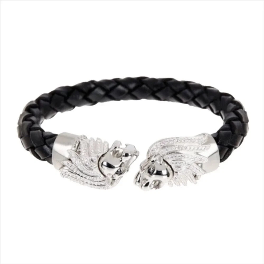 Blackjack Cubic Zirconia Lion Head Leather Cuff Bracelet